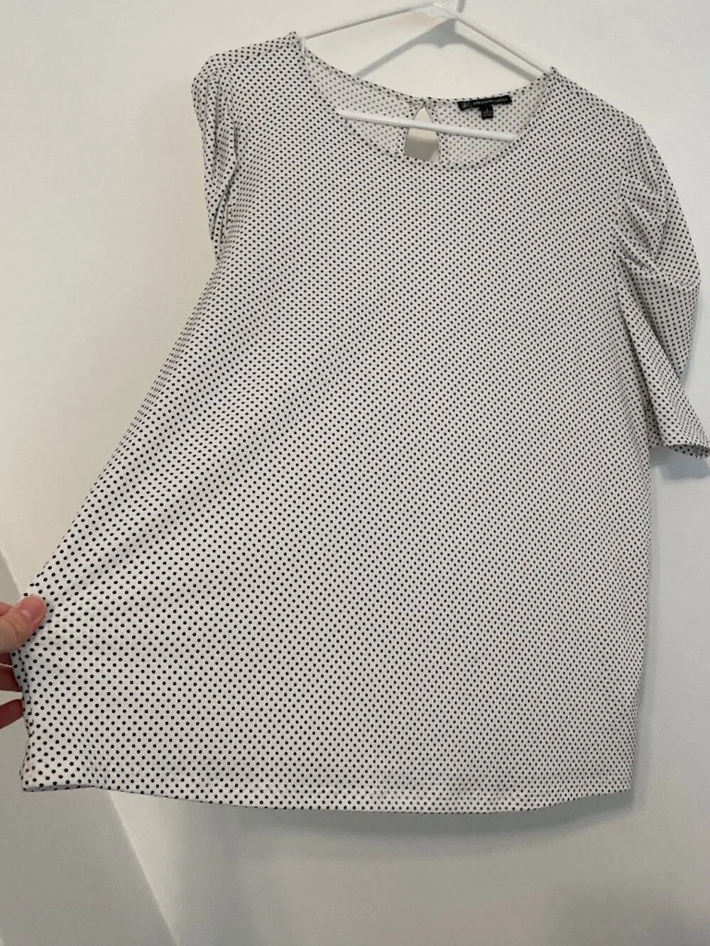 ADRIANNA PAPELL Pleated Sleeve Knit Top White Black Polka Dot Short Sleeve Large